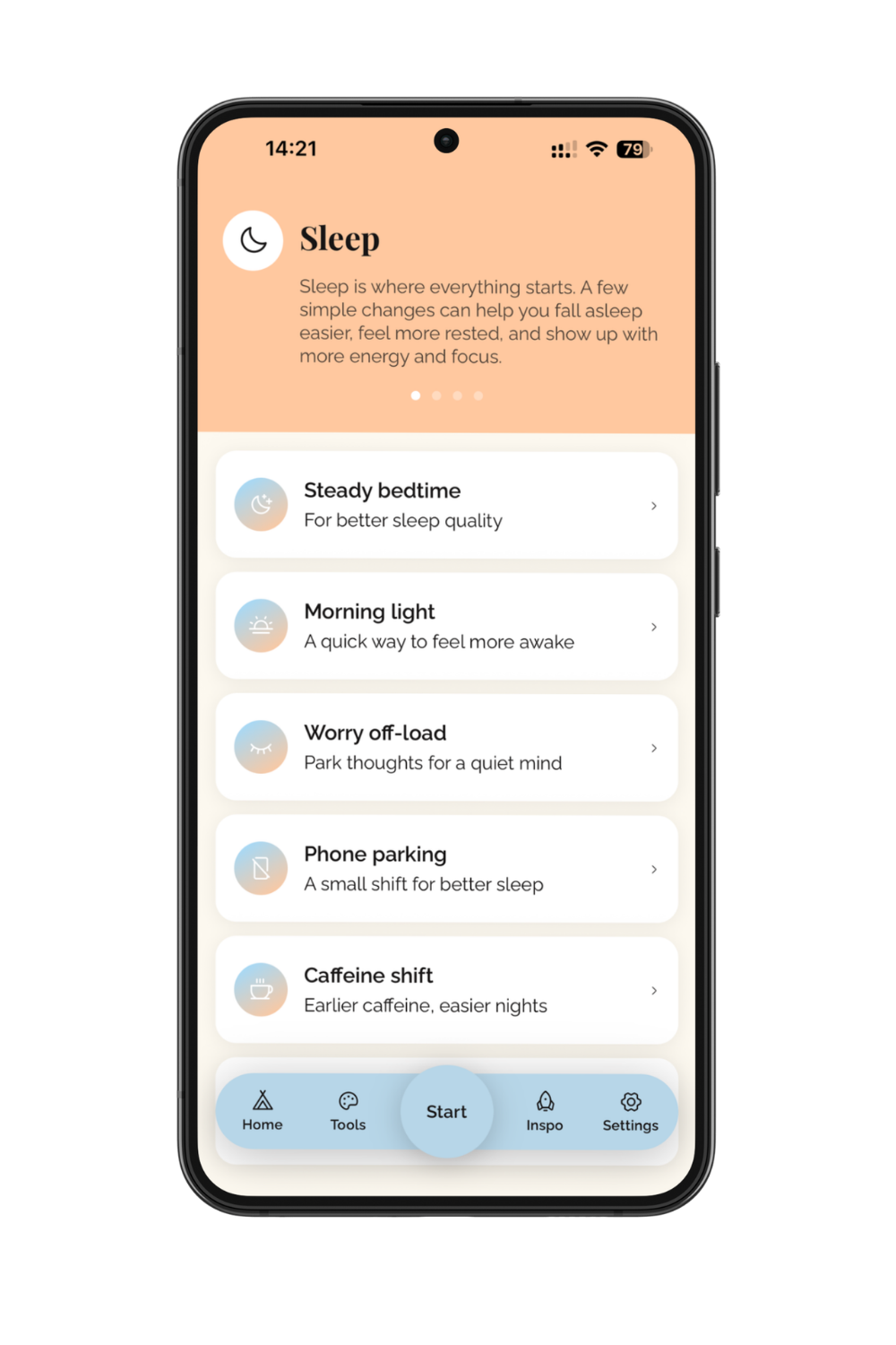 Habiness app — Sleep pillar with practical tips