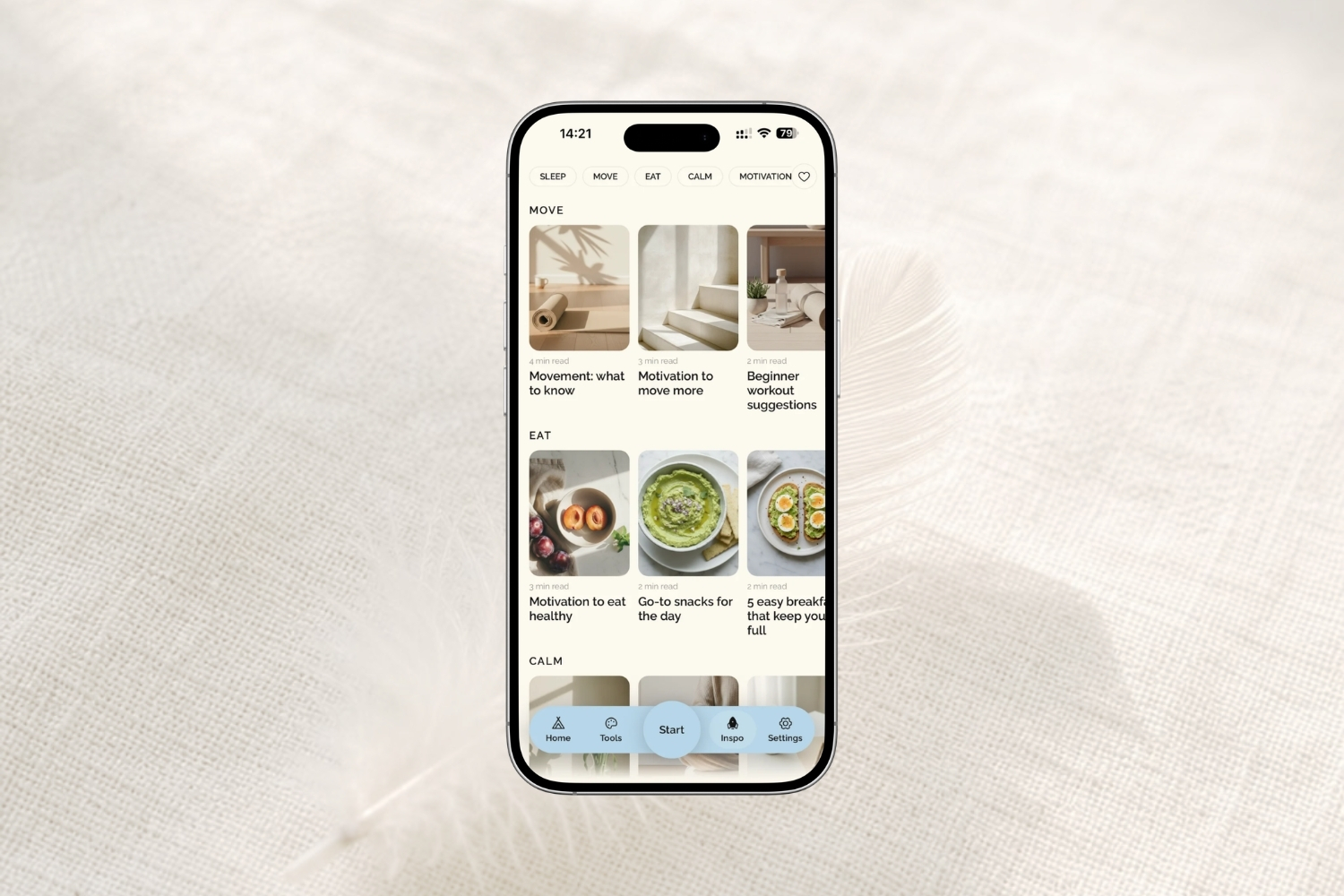 Inspirational articles and tools in the Habiness app